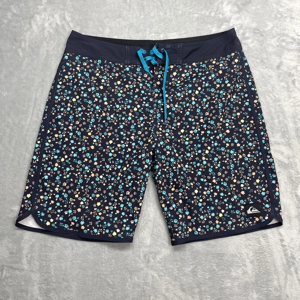 Quiksilver‎ Shorts Mens 34 Navy Floral Swim Board Surfing Water Polo Drawstring